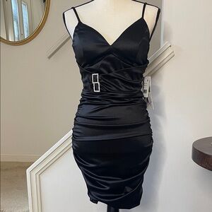 Honey and Rosie Black Satin  Rouched  Strappy Body-huggin  Formal  Dress Size M
